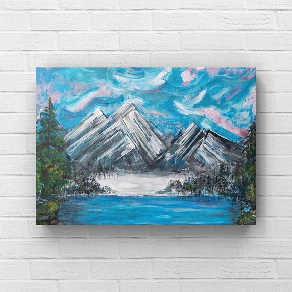 Winter wonderland, mountains with ice and trees, nature, original small painting - Picture 5 of 7